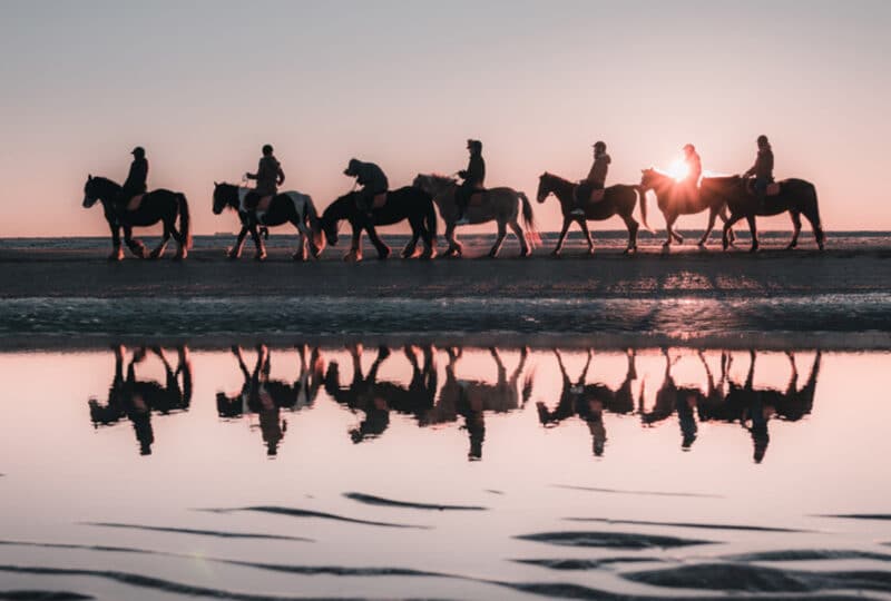 balade à cheval sur la plage au coucher du soleil